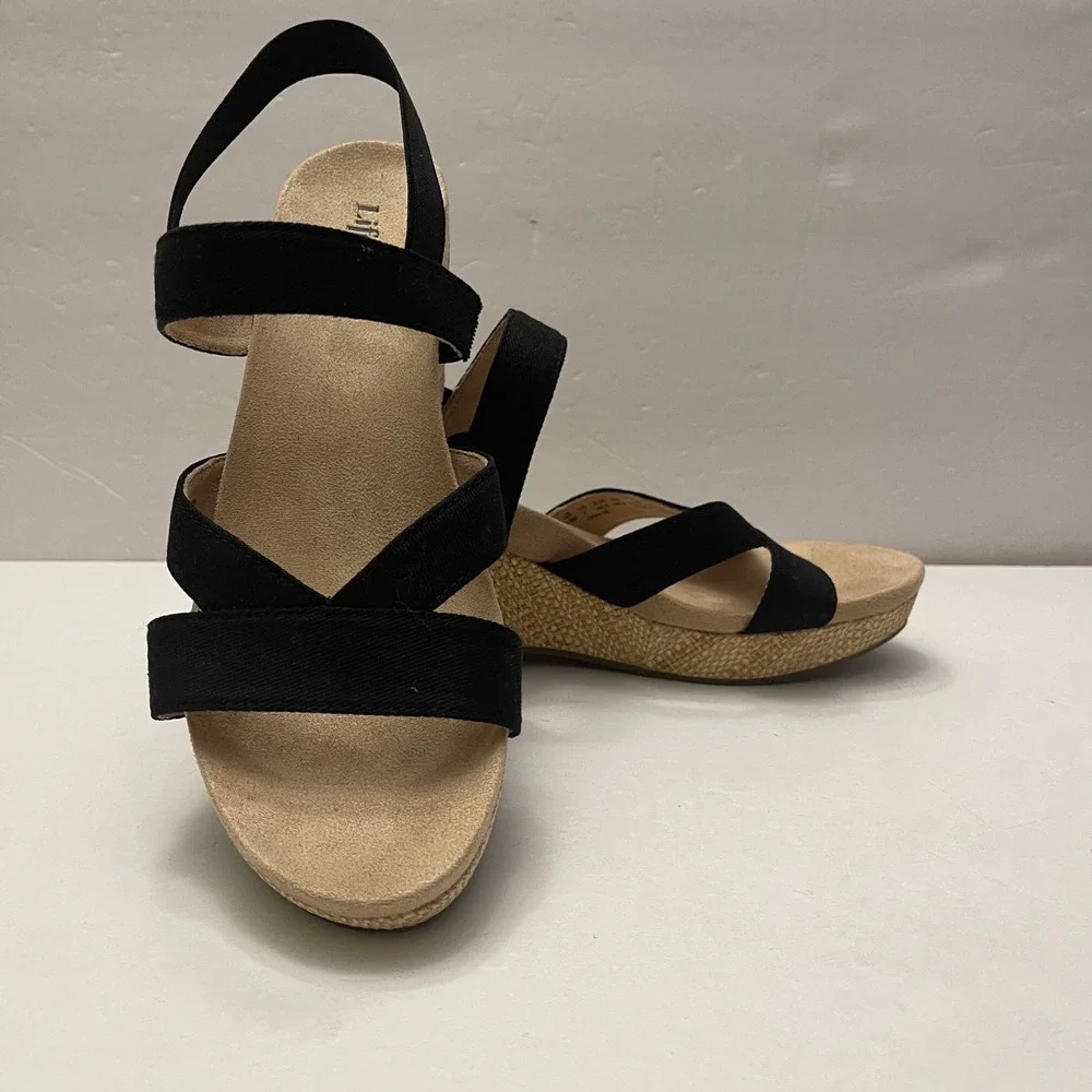 LifeStride Danita Black Wedge Sandals Elastic Straps Raffia Heel Womens 9.5M